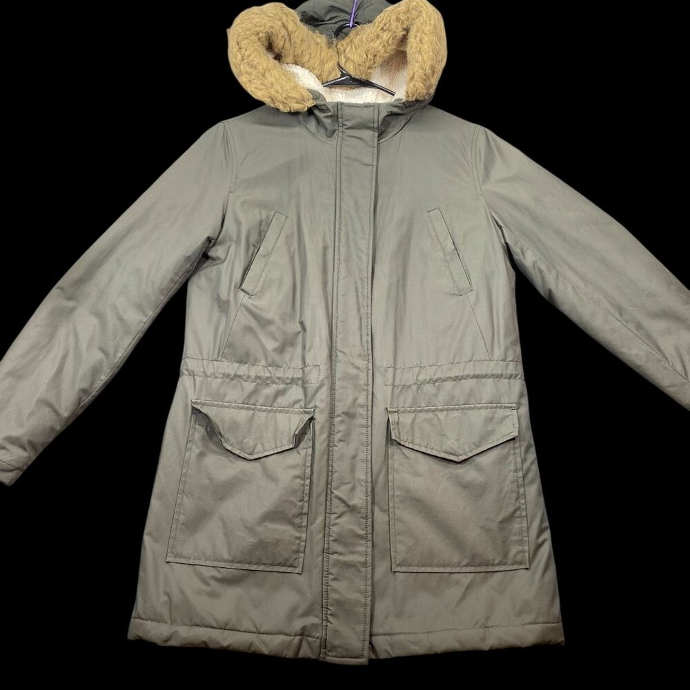 Levis Womens Olive Green Hooded Parka Coat Faux Fur Trim & Sherpa Lining Size S